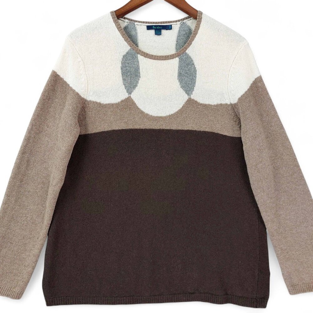 Boden Sweater Womens Sz L Brown Tan Cream Colorblock Wool Crewneck Pullover